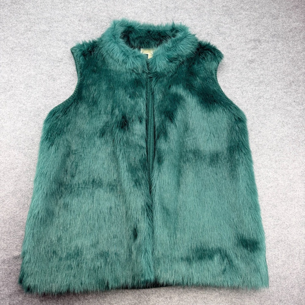 Michael Kors Faux Fur Vest Women XL Emerald Green Knit Back Sleeveless